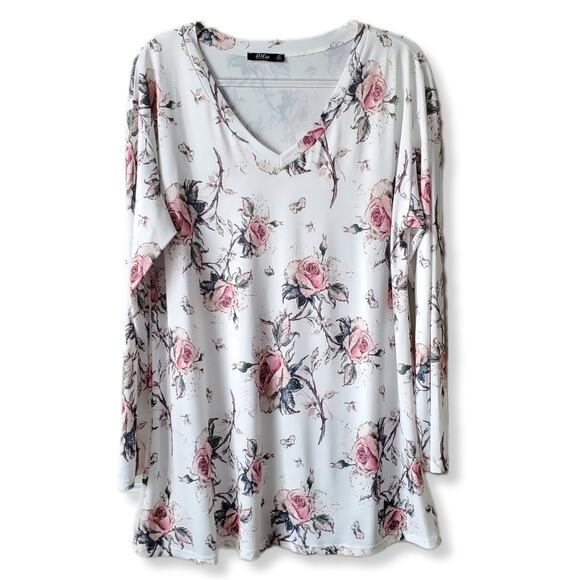 Lily Firmiana Women Tunic Top Blouse XL White Floral Jersey Knit V Neck NEW - Picture 9 of 9
